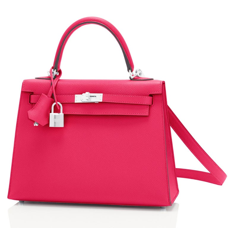 Women's Hermes Kelly 25 Rose Extreme Pink Epsom Sellier Bag Palladium Y Stamp, 2020 For Sale