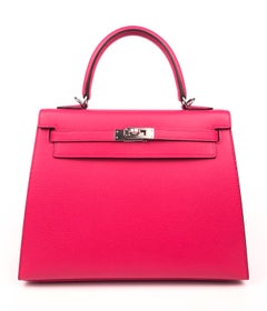 Hermes Kelly 25 Rose Extreme Sellier Pink Shoulder Bag Palladium Hardware