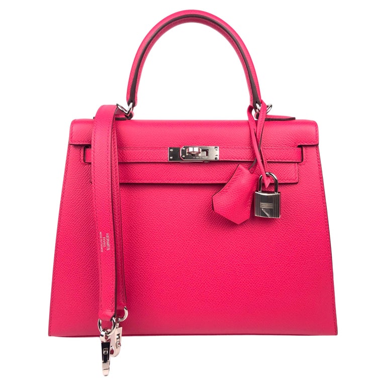 Hermes Kelly 25 Rose Extreme Sellier Pink Shoulder Bag Palladium Hardware For Sale