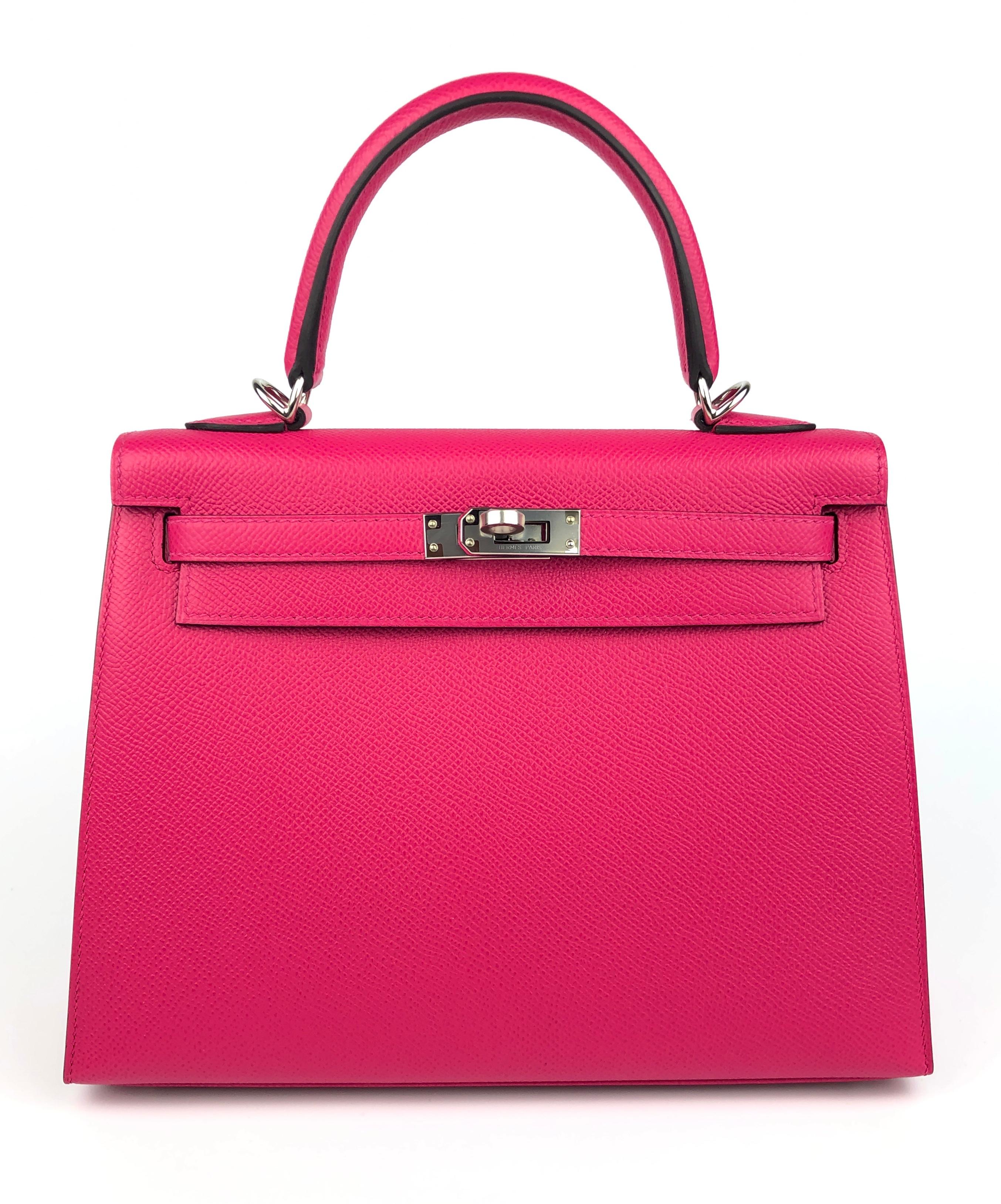 Beautiful As New 2020 Hermes Kelly 25 Sellier Rose Mexico Epsom Leather, Complimented by Palladium Hardware. As New with Plastic on all Hardware and feet. 2020 Y Stamp. 

Shop with Confidence from Lux. Addicts. Authenticity Guaranteed! 

Lux Addicts