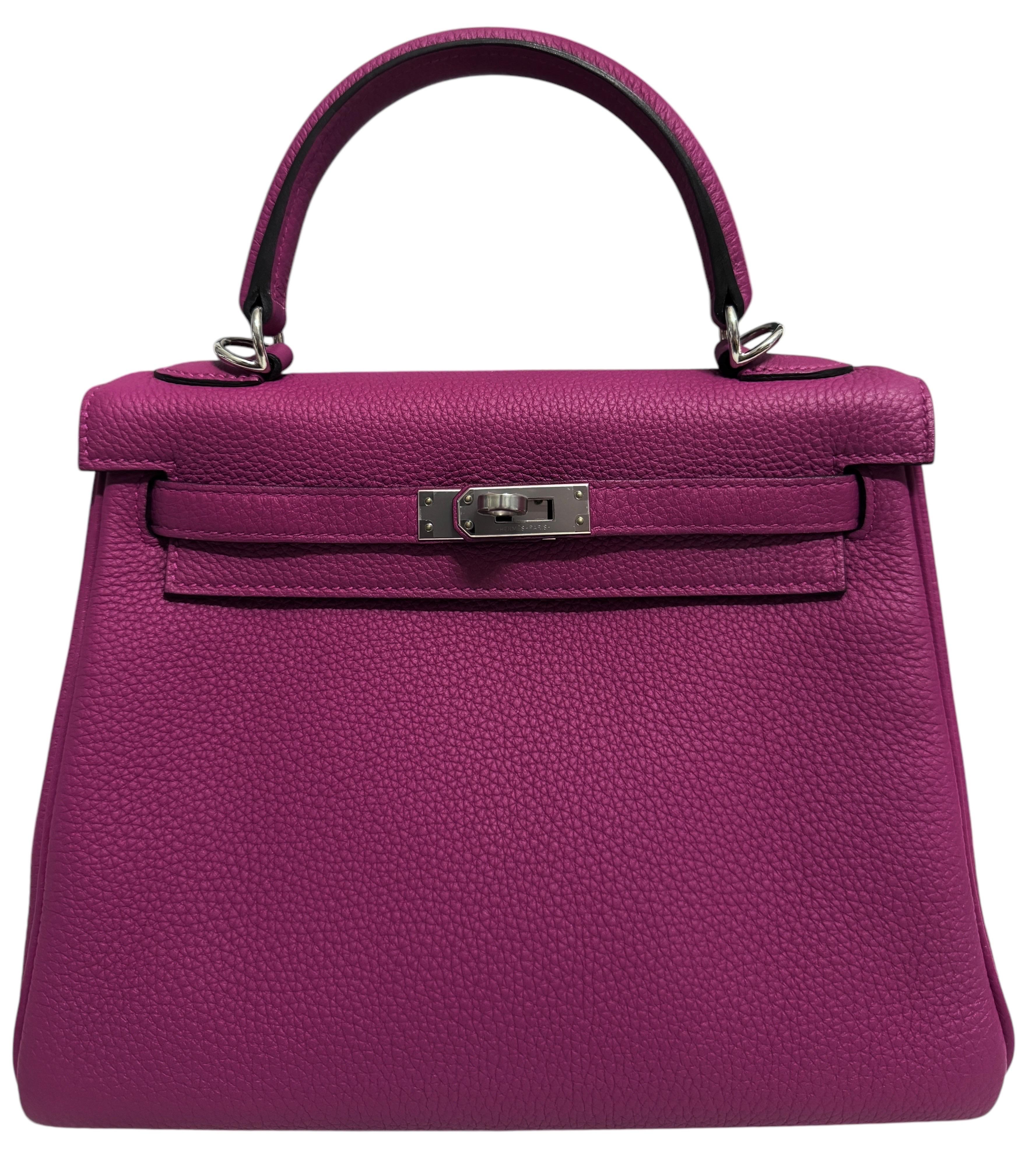 Hermes Kelly 25 rose pourpre palladium hardware as new In Excellent Condition In Miami, FL