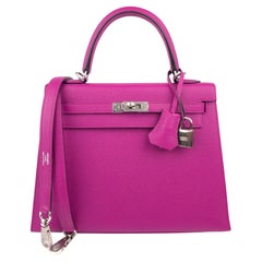 Hermes Kelly 25 Rose Pourpre Sellier Pink Purple Shoulder Bag Palladium Hardware