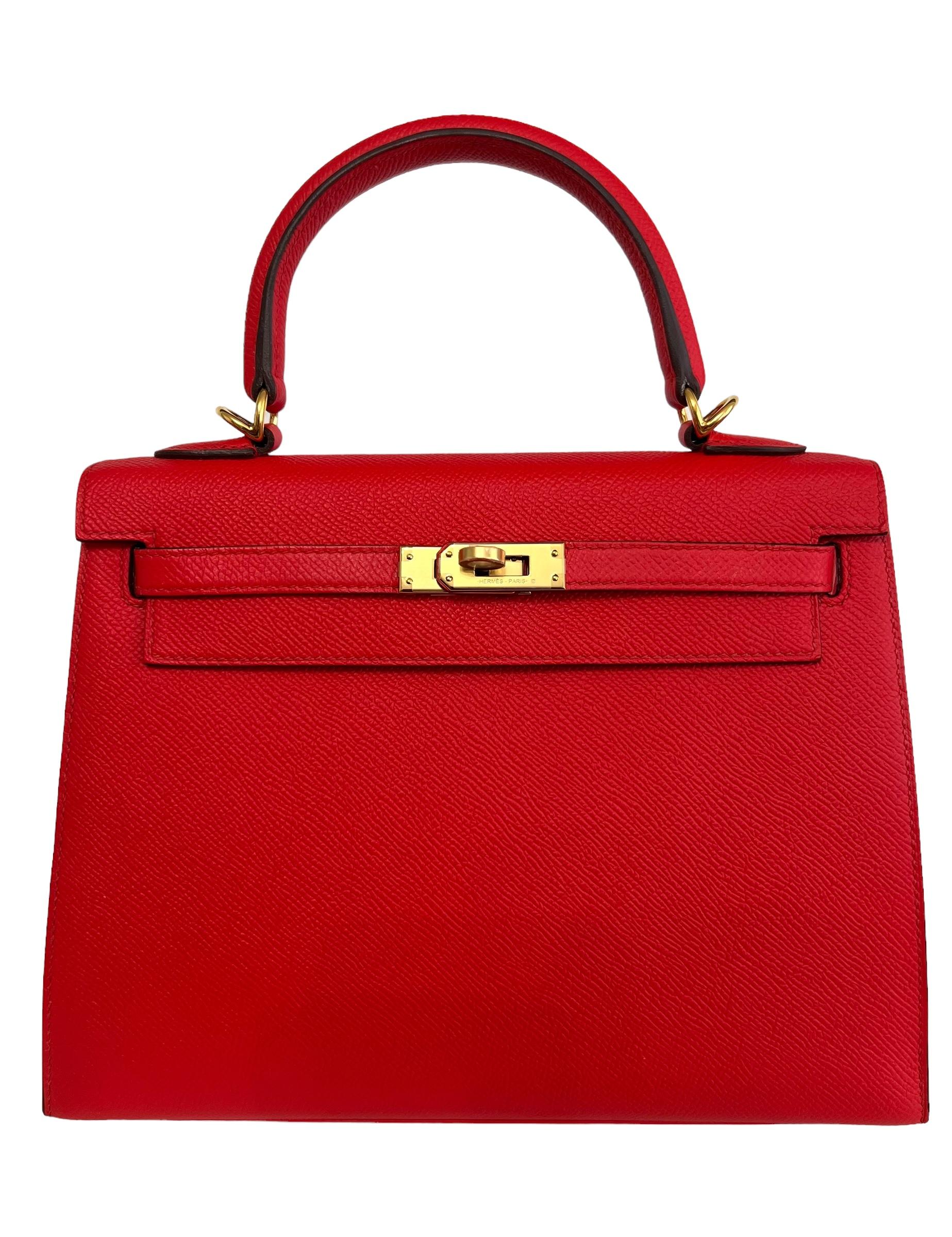Beautiful Hermes Kelly 25 Sellier Rouge de Coeur Epsom Leather. Complimented by Gold Hardware. Pristine Condition with Plastic on all Hardware and feet. 2019 D Stamp. 

Shop with Confidence from Lux. Addicts. Authenticity Guaranteed! 

Please keep