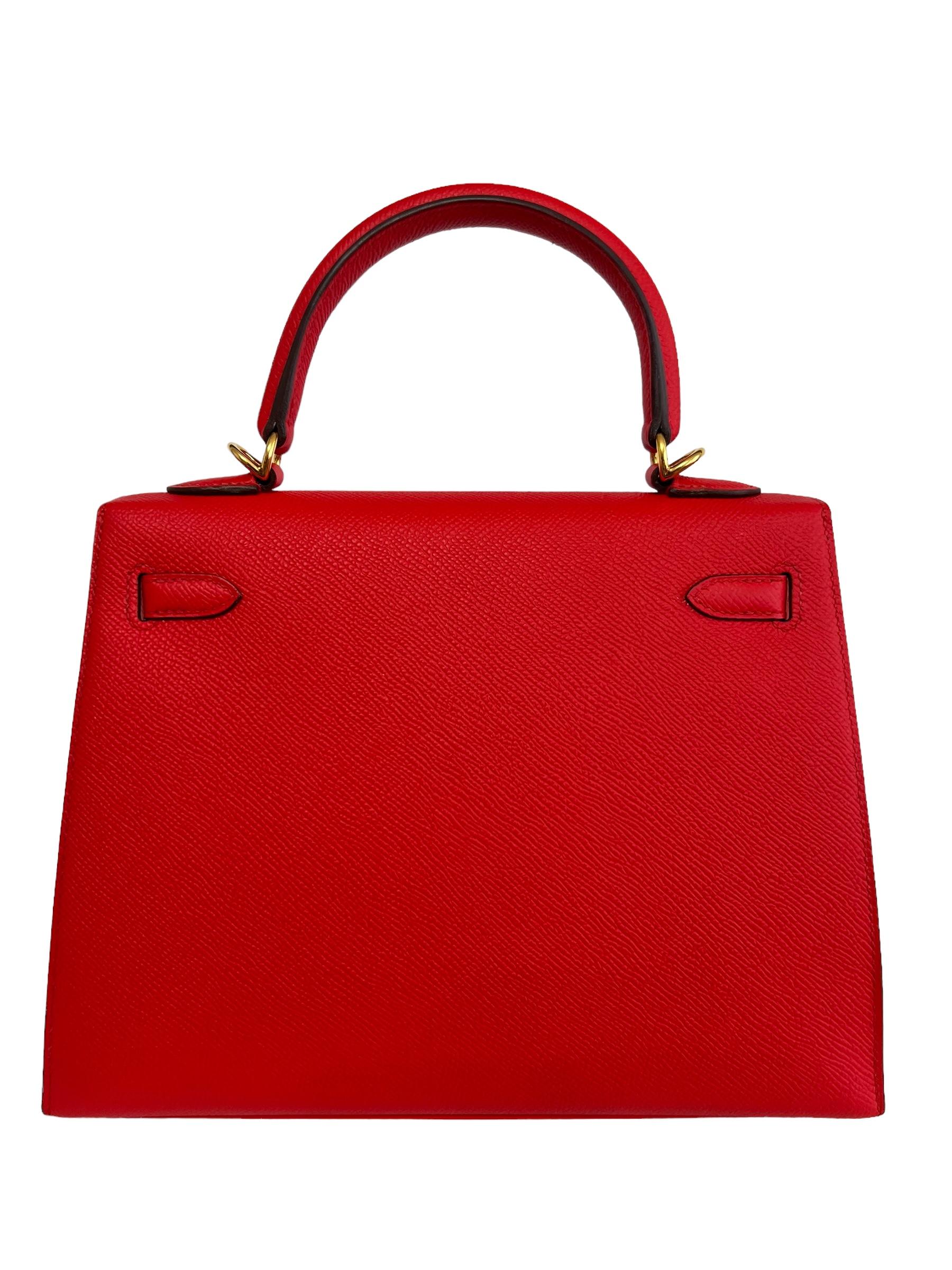 Women's or Men's Hermes Kelly 25 Rouge de Coeur Red Epsom Leather Shoulder Bag Gold Hardware