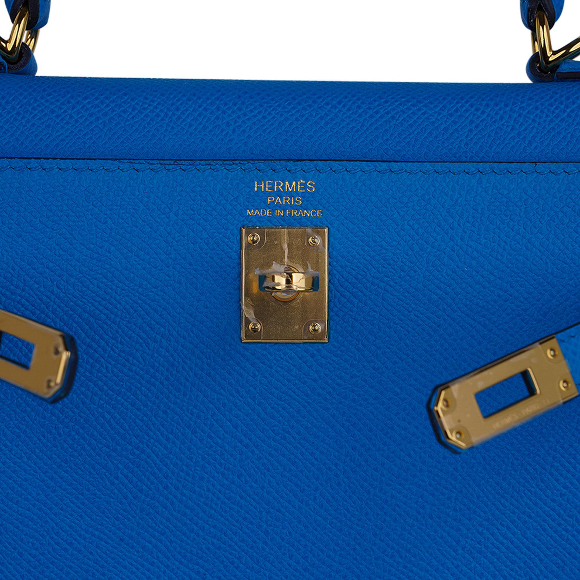 Sac Hermès Kelly 25 Sellier bleu Frida en cuir Epsom finitions métalliques dorées en vente 5