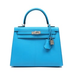 Hermès Kelly 25 Sellier Bag Blue Zanzibar Chèvre Leather with Palladium Hardware