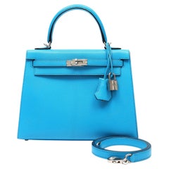 Hermès Kelly 25 Sellier Bag Blue Zanzibar Chèvre Leather with Palladium Hardware