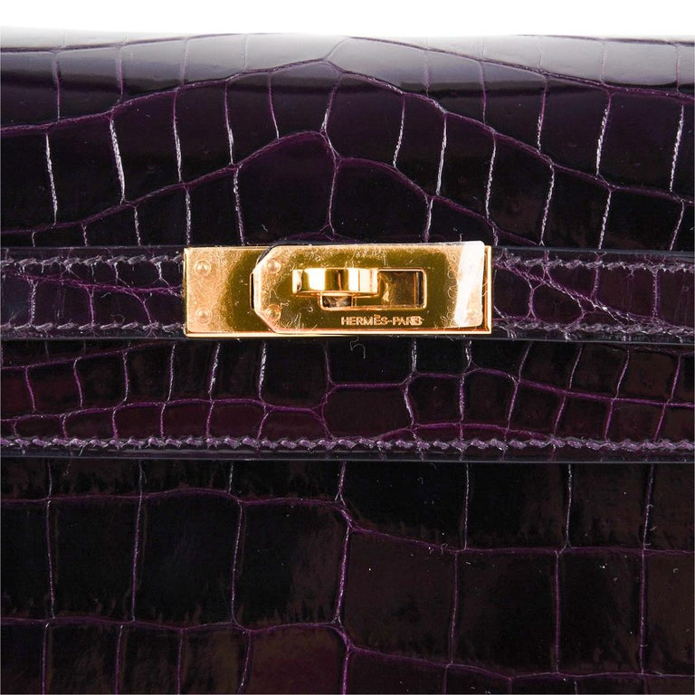 Hermes Kelly 25 Sellier Bag Crocodile Prunoir Gold Hardware Deep Plum
