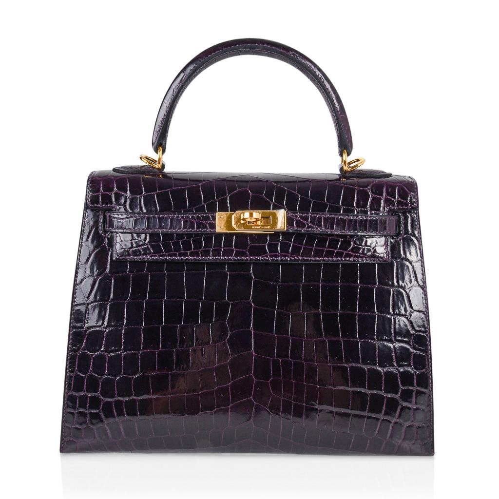 Women's Hermes Kelly 25 Sellier Bag Crocodile Prunoir Gold Hardware Deep Plum Purple