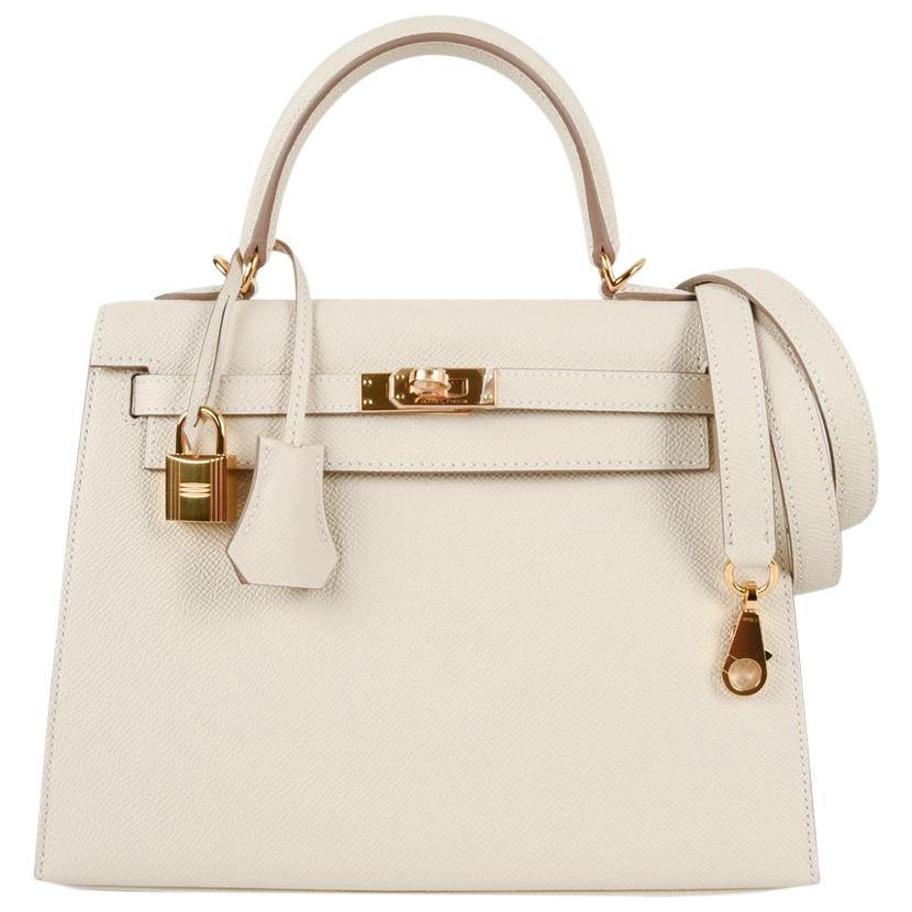 Hermes Kelly 25 Sellier Bag Neutral Craie Epsom Gold Hardware with Twilly