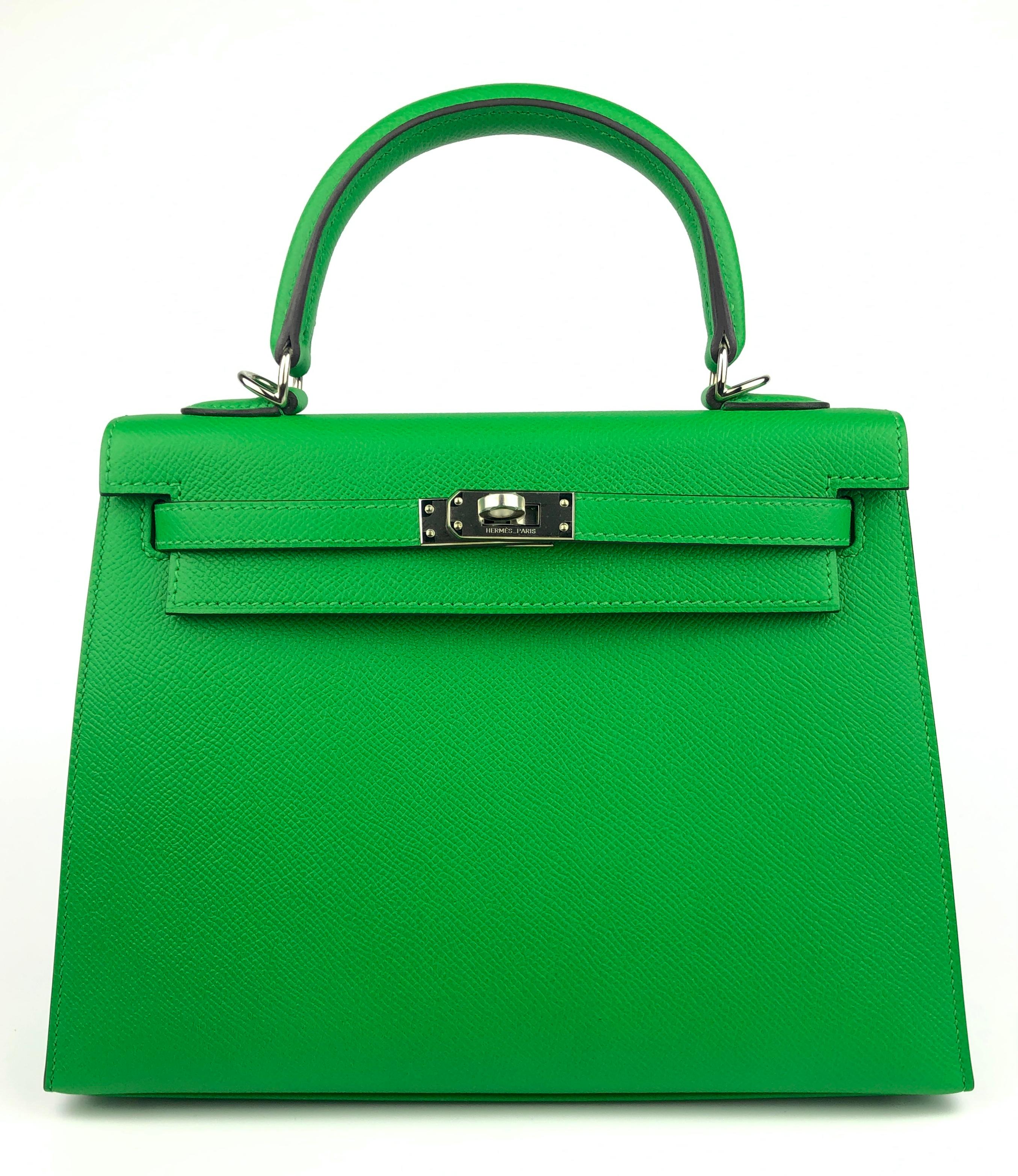 Stunning Rare As New Hermes Kelly 25 Sellier Bamboo Green Epsom Leather Complimented by Palladium Hardware. ONLY ONE FOR SALE ON 1stDibs. Plastic on all hardware and feet!

Shop with Confidence from Lux Addicts. Authenticity Guaranteed! 