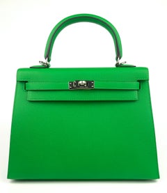 Hermes Kelly 25 Sellier Bamboo Green Epsom Leather Palladium Hardware RARE