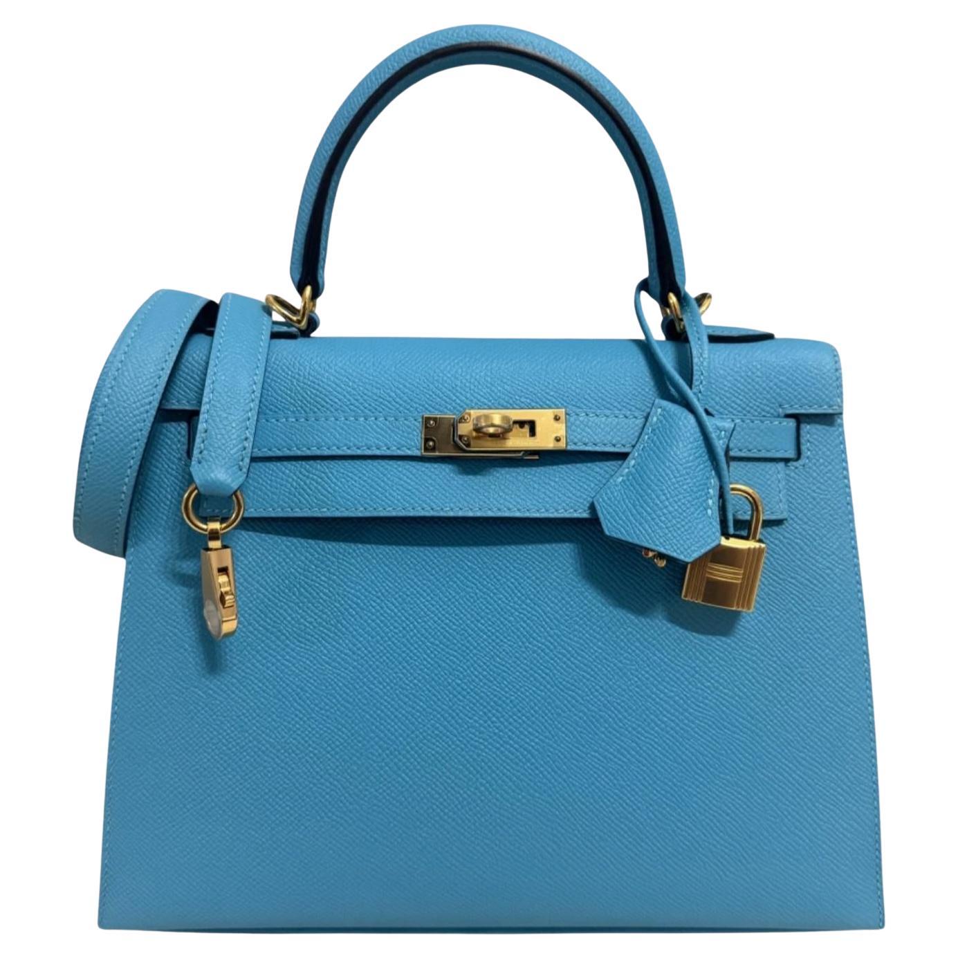 Hermes Kelly 25 Sellier Bleu du Nord Bolso de asa superior de piel de Epsom azul con herrajes en venta