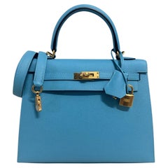 Hermes Kelly 25 Sellier Bleu du Nord Blue Epsom Leather Hardware Top Handle Bag