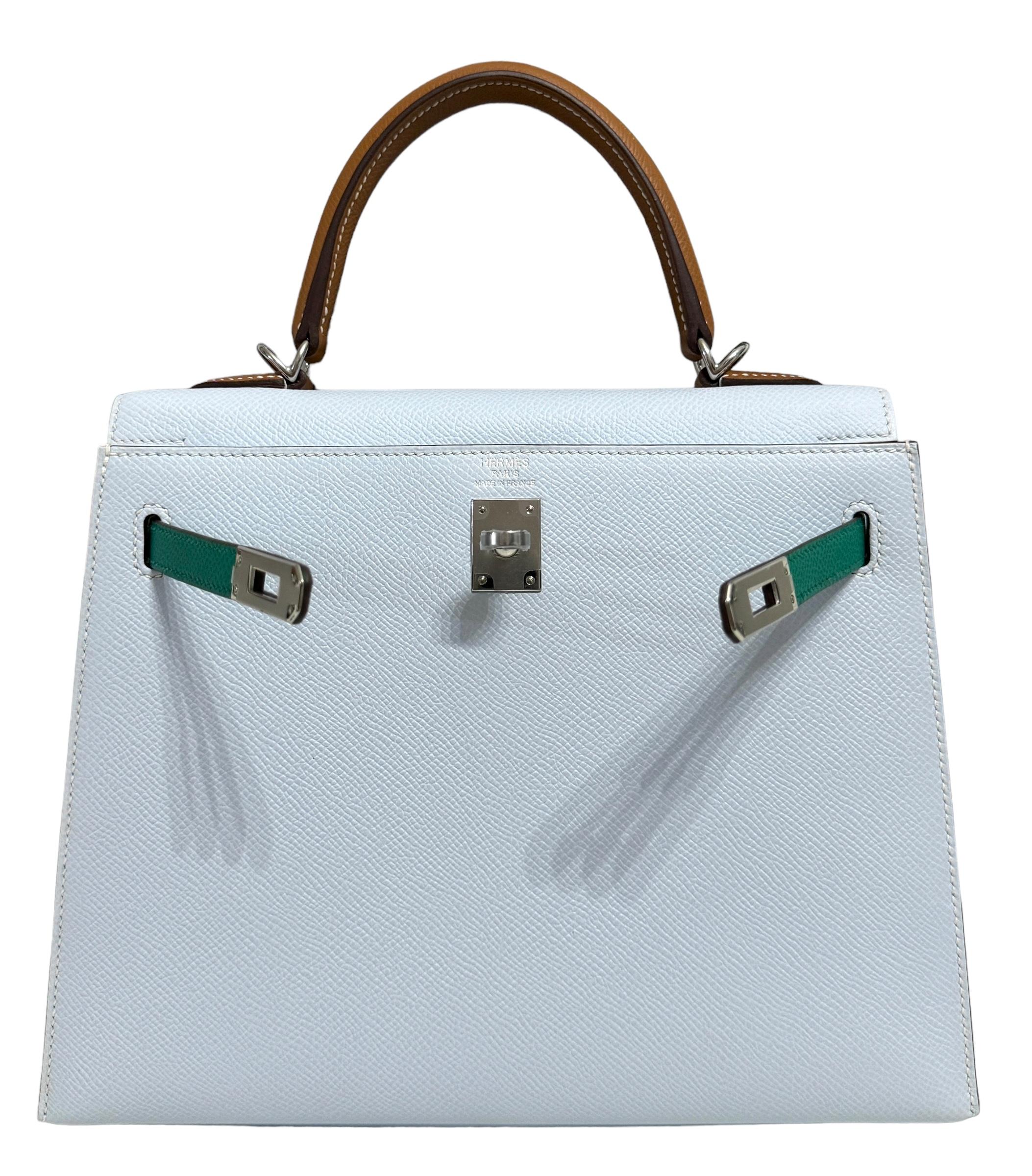 Gray Hermes Kelly 25 Sellier Blue Brume Vert Jade Gold Tan Epsom Palladium Hardware