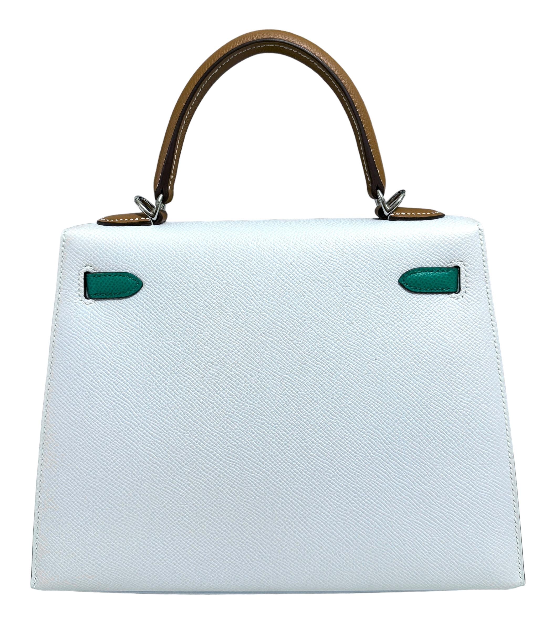 Hermes Kelly 25 Sellier Blue Brume Vert Jade Gold Tan Epsom Palladium Hardware In New Condition In Miami, FL