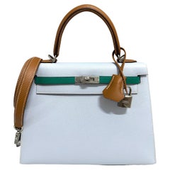 Hermes Kelly 25 Sellier Bleu Brume Vert Jade Or Tan Epsom Palladium Hardware
