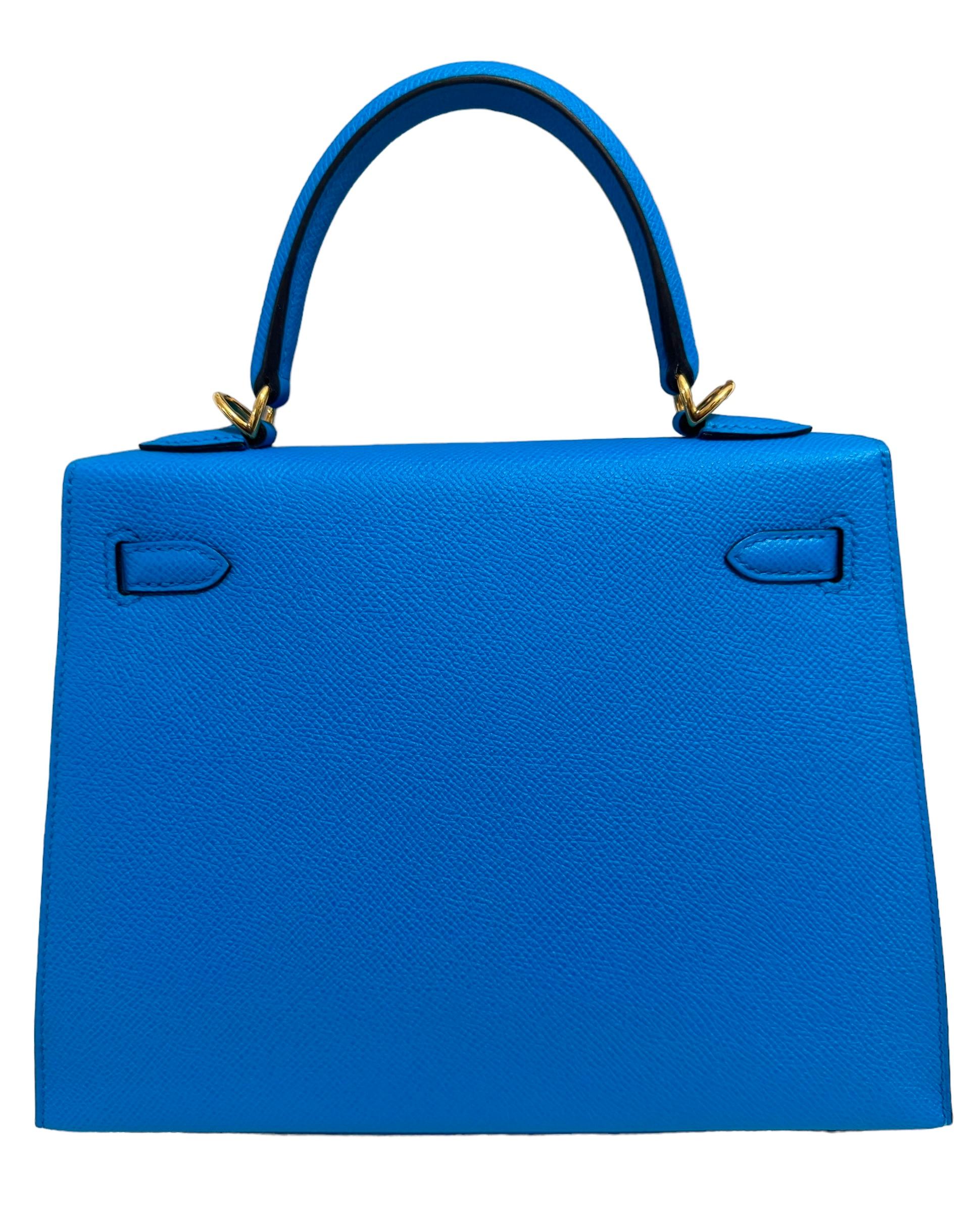 Women's or Men's Hermes Kelly 25 Sellier Blue Frida Epsom Gold Hardware Shoulder Bag