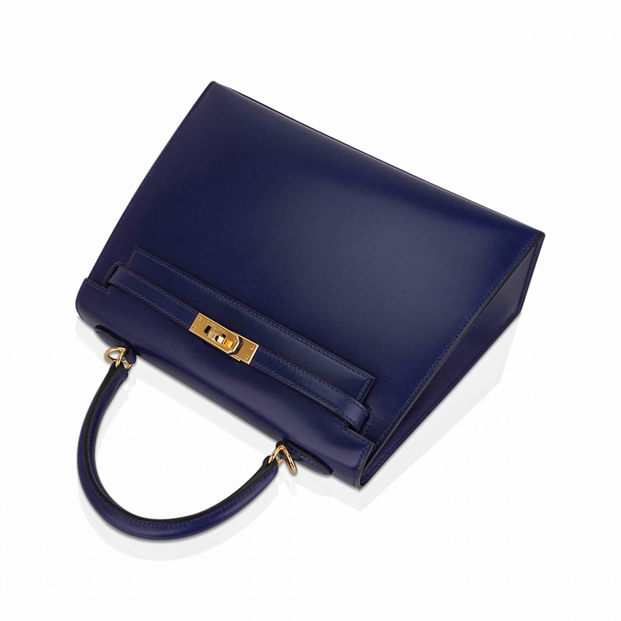Hermes Kelly 25 Sellier Blue Sapphire Box Leather Bag Gold Hardware For Sale 4