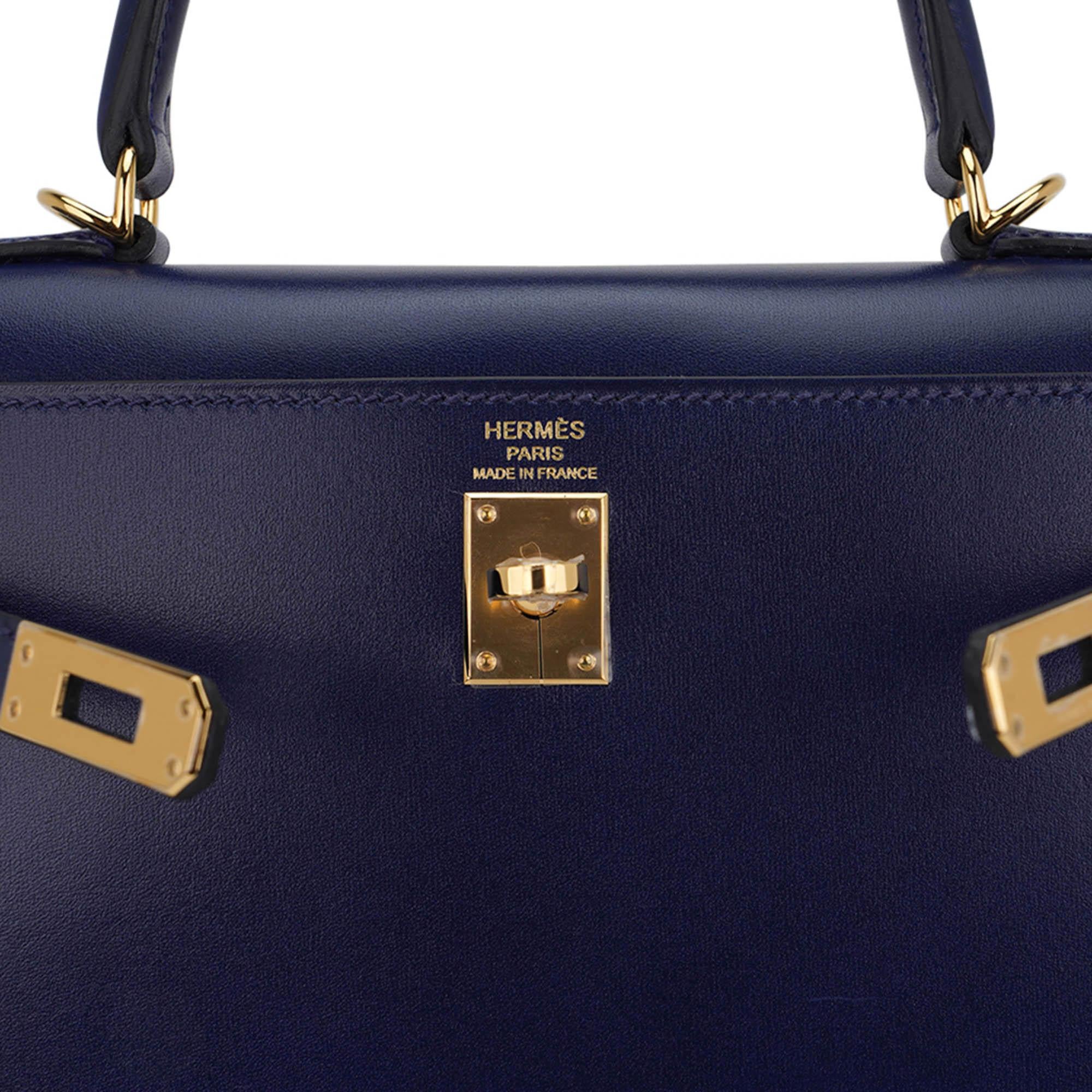 Women's Hermes Kelly 25 Sellier Blue Sapphire Box Leather Bag Gold Hardware For Sale