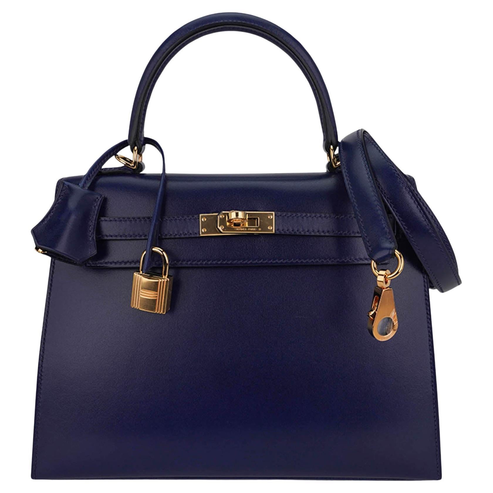 Hermes Kelly 25 Sellier Blue Sapphire Box Leather Bag Gold Hardware For Sale