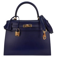 Hermes Kelly 25 Sellier Blue Sapphire Box Leather Bag Gold Hardware