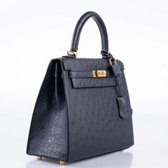 Hermès Kelly 25 Sellier Indigo Ostrich Leather Gold Hardware