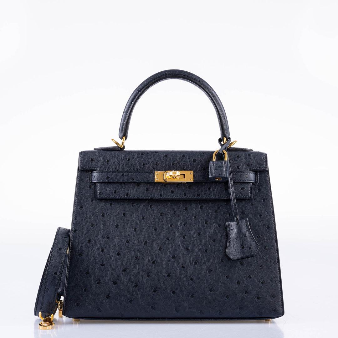 Women's Hermès Kelly 25 Sellier Indigo Ostrich Leather Gold Hardware