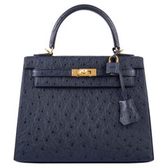 Hermès Kelly 25 Sellier Indigo Ostrich Leather Gold Hardware