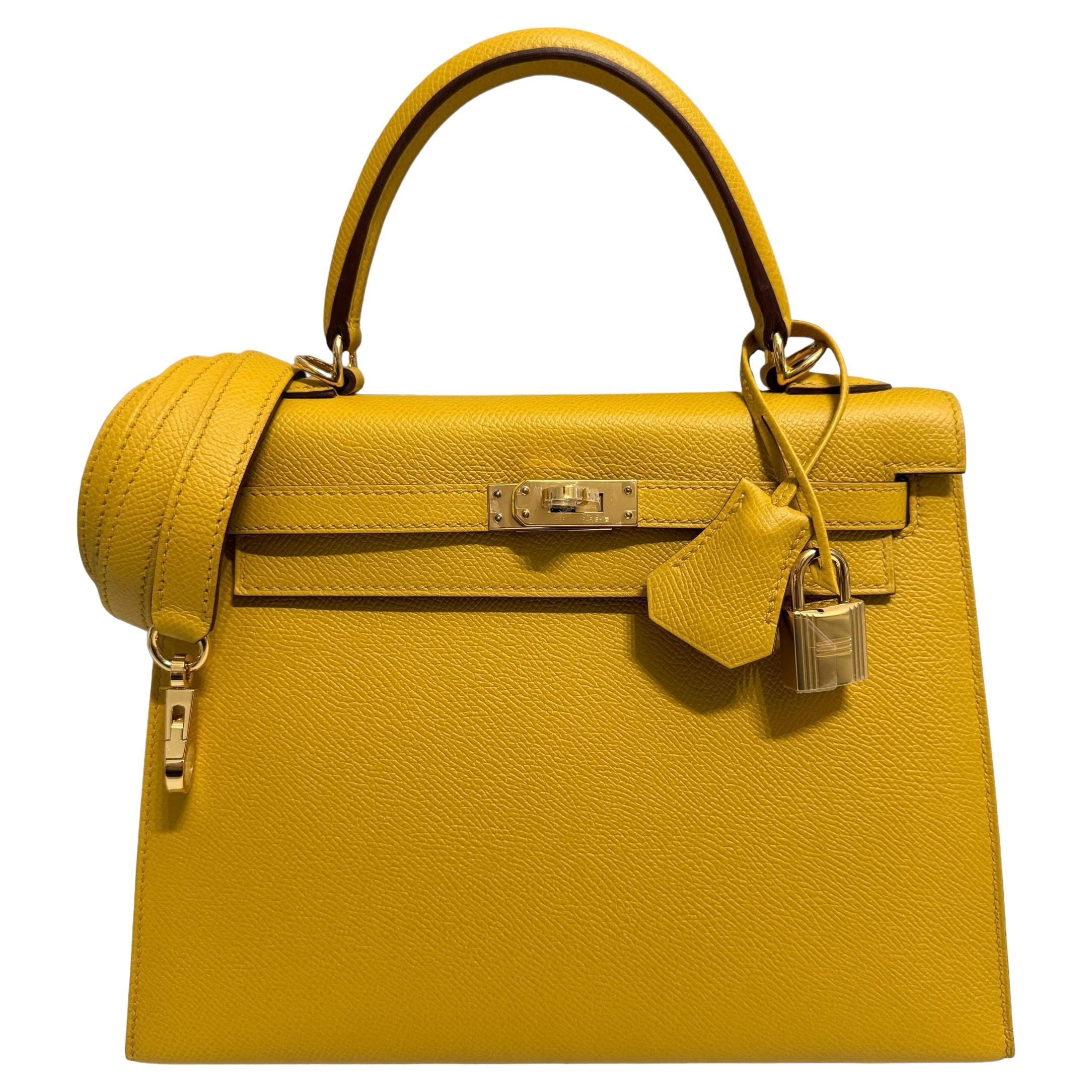 Hermes Kelly 25 Sellier Jaune Ambre Amarillo Epsom Piel Herraje Dorado
