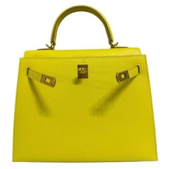 Hermes Kelly 25 Sellier Lime Yellow Epsom Leather Gold Hardware Top Handle Bag