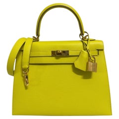 Hermes Kelly 25 Sellier Lime Yellow Epsom Leather Gold Hardware Top Handle Bag