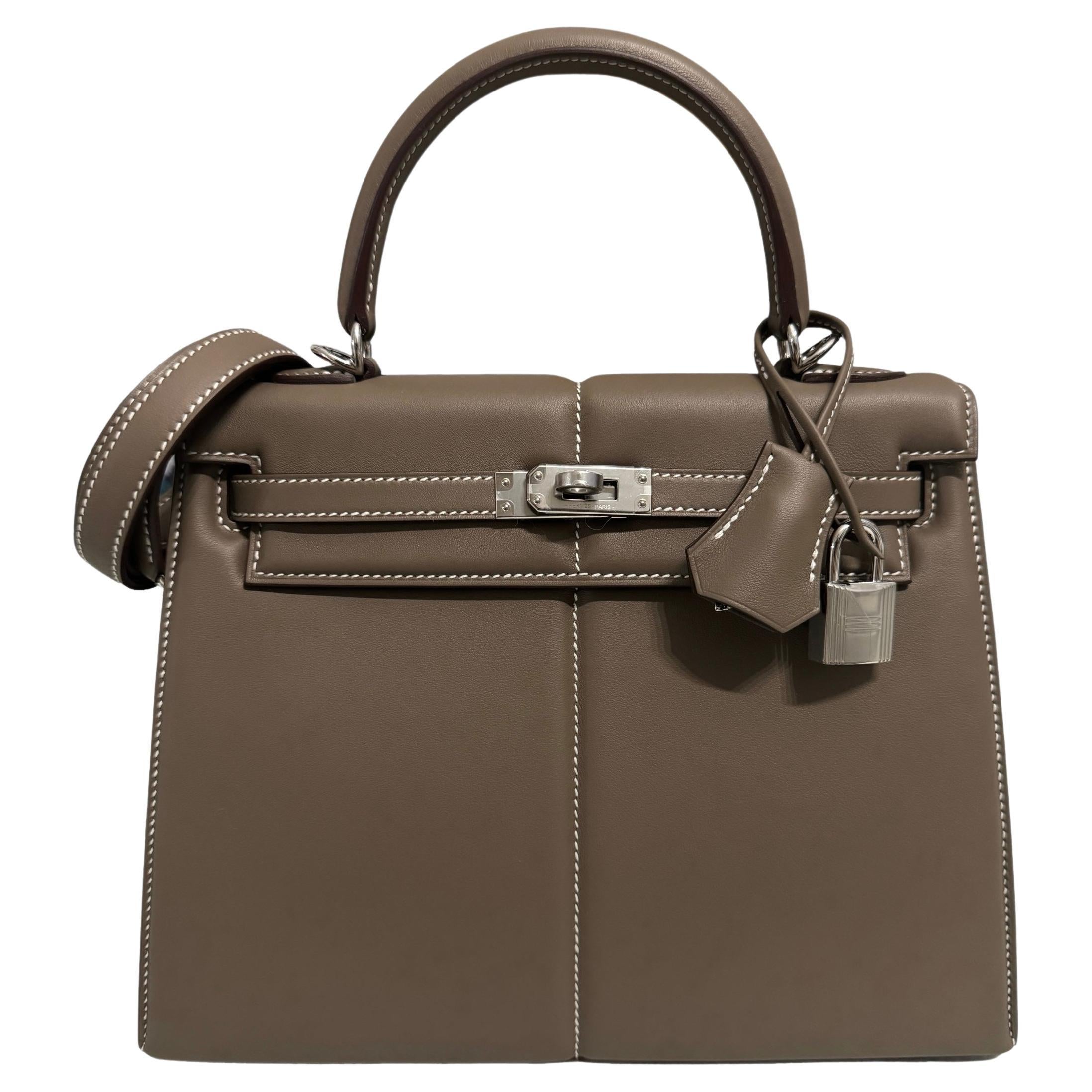 Hermes Kelly 25 Sellier Padded Etoupe Gray Limited Edition Palladium Hardware For Sale