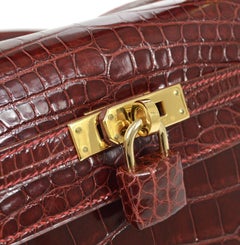 HERMES Kelly 25 Sellier Red Alligator Exotic Gold Top Handle Shoulder Bag