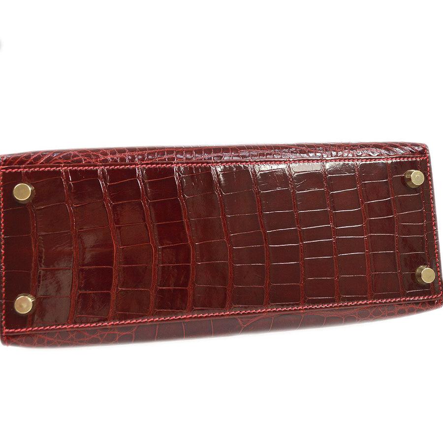 Brown HERMES Kelly 25 Sellier Red Rouge Alligator Exotic Top Handle Shoulder Bag