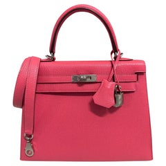 Hermes Kelly 25 Sellier Rose Azalee Azalea Rose Chevre Cuir Palladium HWR
