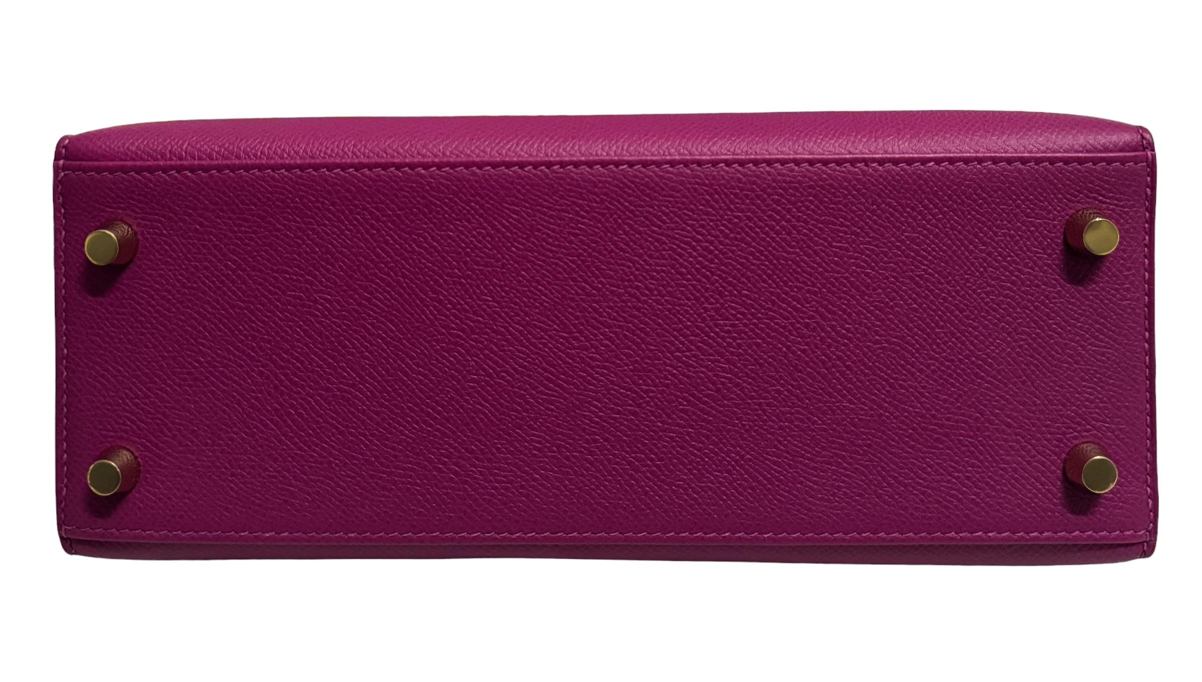 Women's or Men's Hermes Kelly 25 Sellier Rose Pourpre Pink Epsom Leather Gold Hardware RARE
