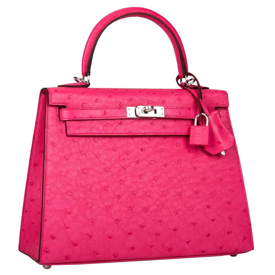 Hermes Kelly 25 Sellier Rose Tyrien Ostrich Palladium Hardware