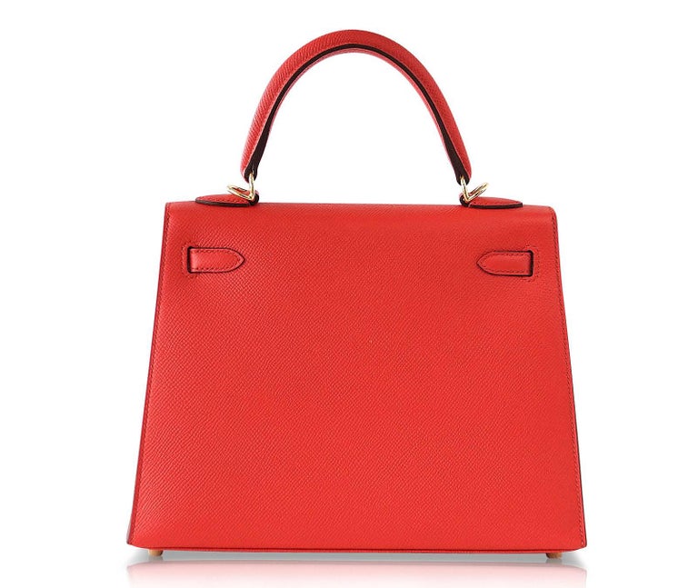 HERMÈS Kelly 25 Sellier Rouge Tomate Red Epsom Leather Bag Gold Hardware •  MIGHTYCHIC • 