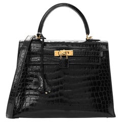 HERMES Kelly 25 Sellier Shiny Porosus Crocodile Exotic Gold Shoulder Flap Bag