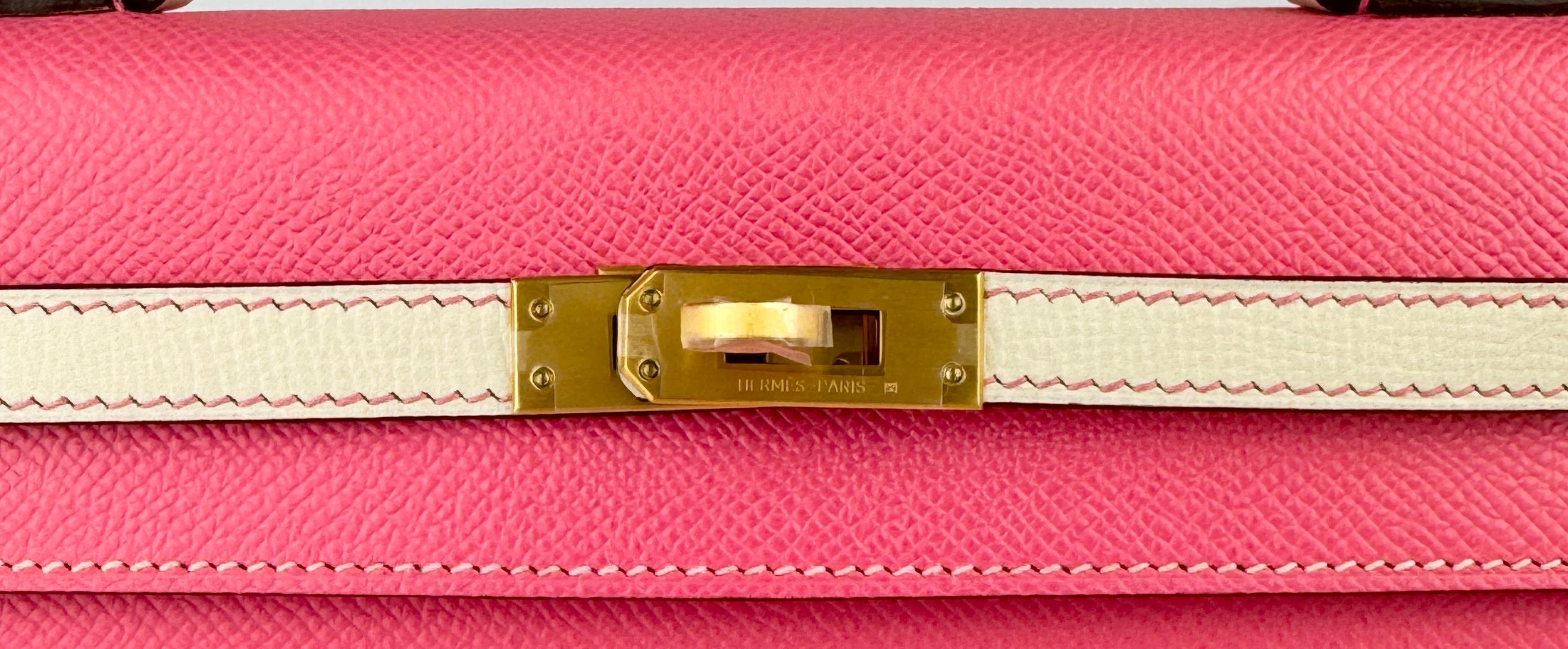 Women's or Men's Hermes Kelly 25 Sellier Special Order Rose Azalea Pink Craie Epsom Brushed Gold