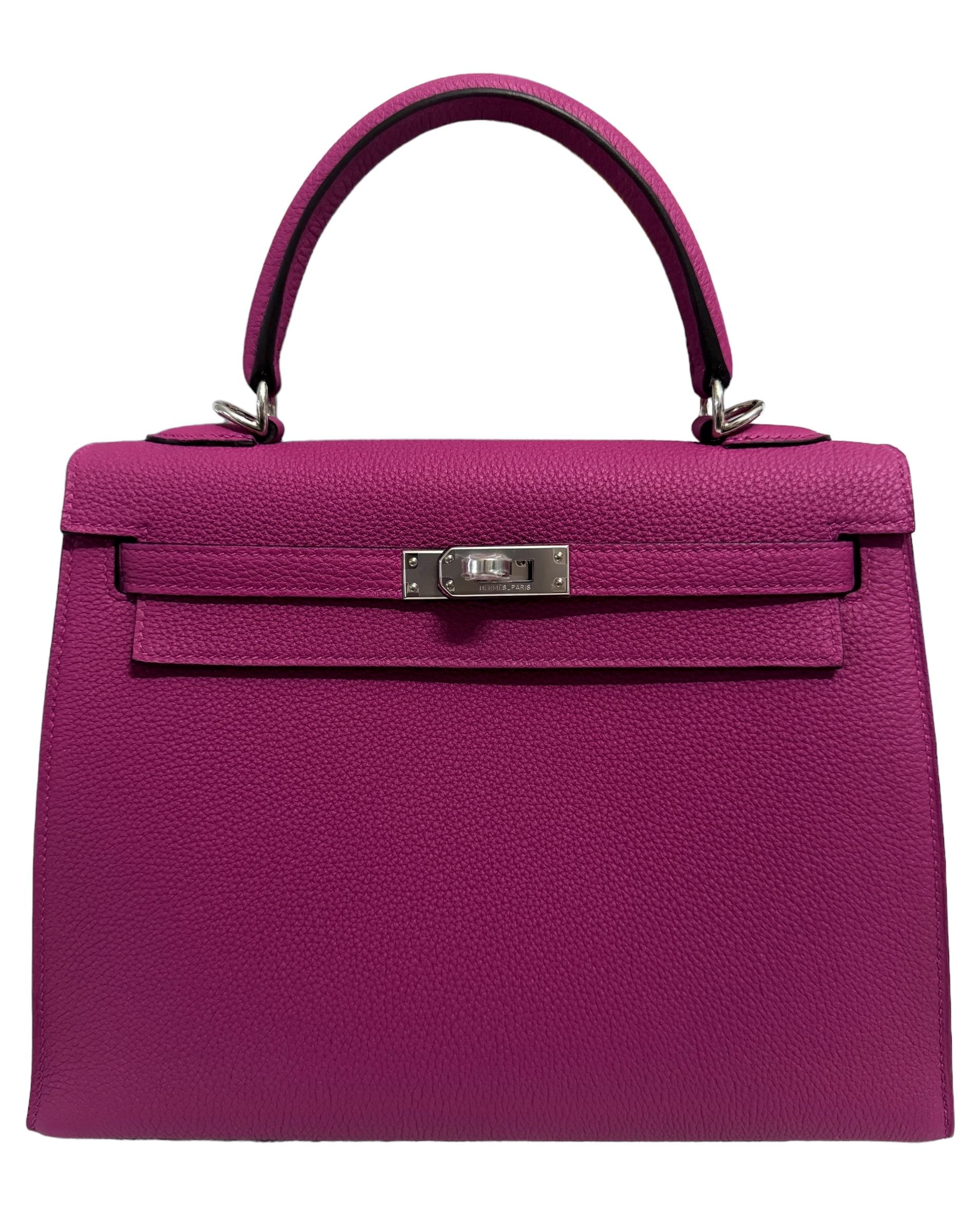 As New RARE Most Coveted Hermes Kelly 25 Sellier Special Order 1 of 1 Rose Pourpre Togo Leather , Complimented by Palladium Hardware. AS NEW Y STAMP 2020. Includes all accessories and box. 

Shop with confidence from Lux Addicts. Authenticity