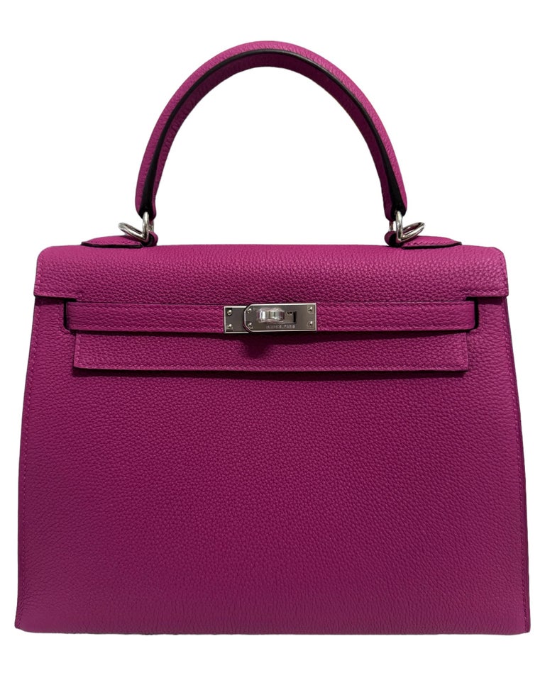 Hermes Kelly 25 Sellier Special Order Rose Pourpre Pink Togo Palladium HWR RARE For Sale at 1stDibs