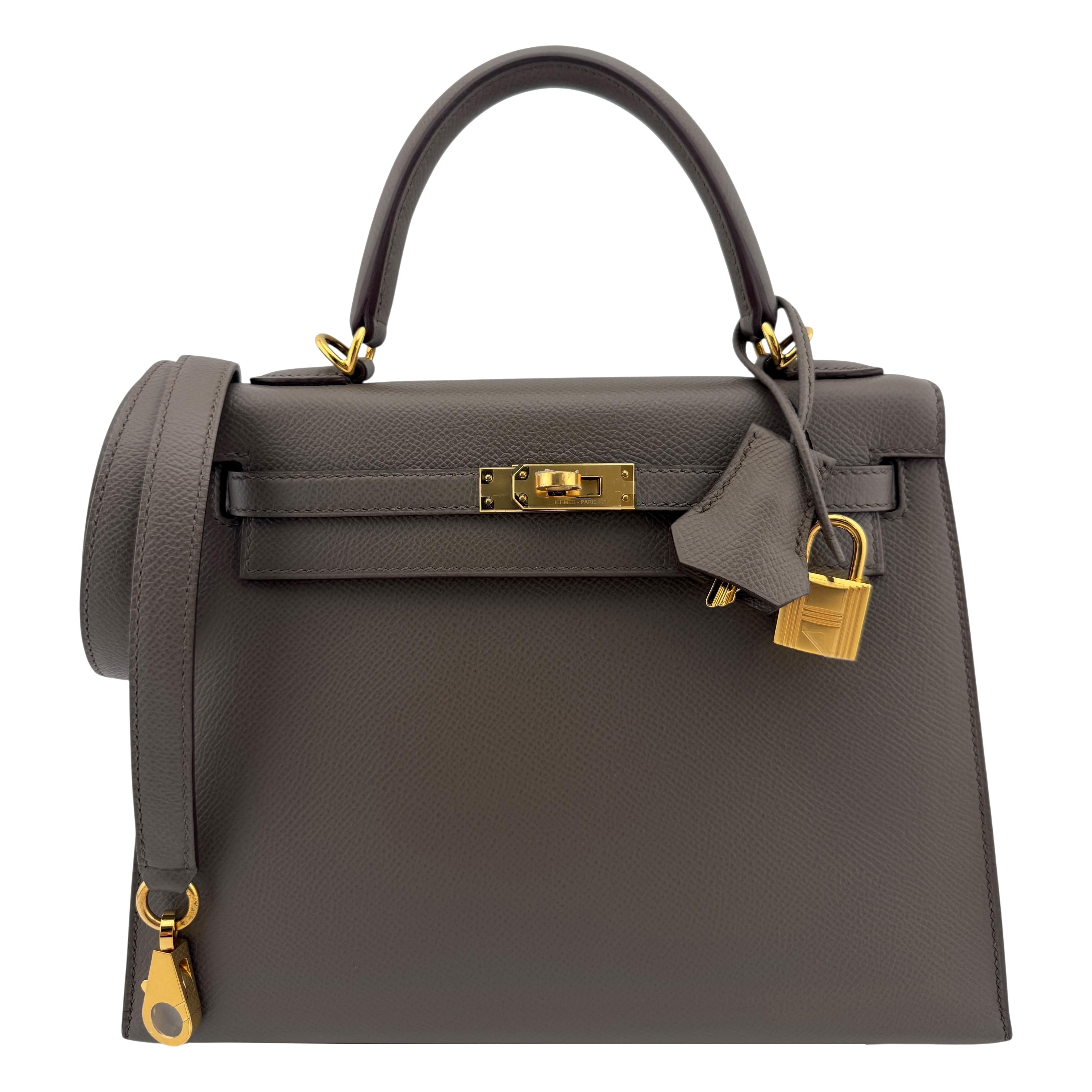 Hermes Kelly 25 Sellier Macchia Grigio Grigio Epsom Pelle Hardware Oro Raro in vendita
