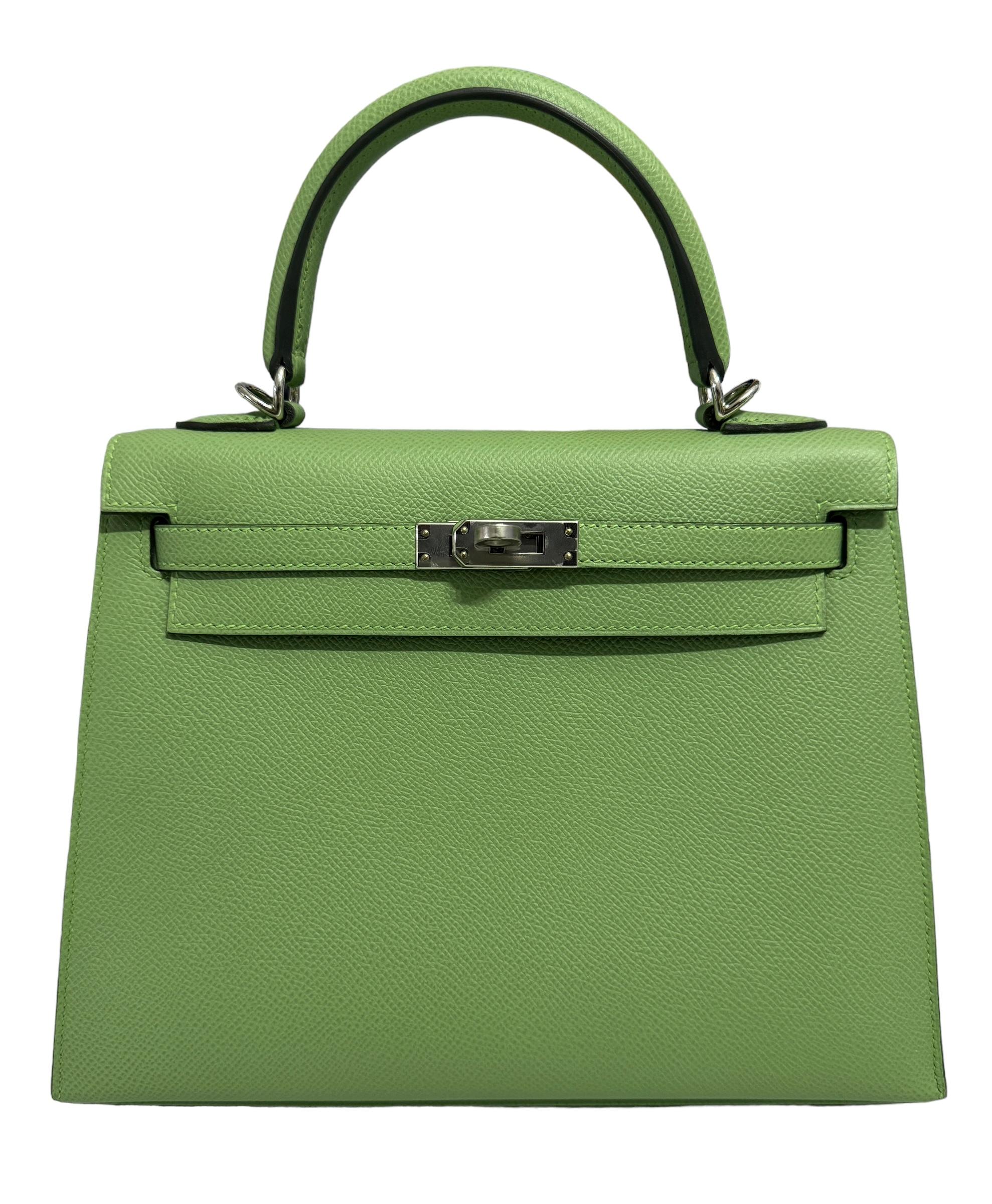 As New VERY RARE Most Coveted Color since its release! Hermes Kelly 25 Sellier Vert Criquet Epsom Leather , Complimented by Palladium Hardware. AS NEW Y STAMP 2020. Includes all Accessories and Box.

Shop with confidence from Lux Addicts.
