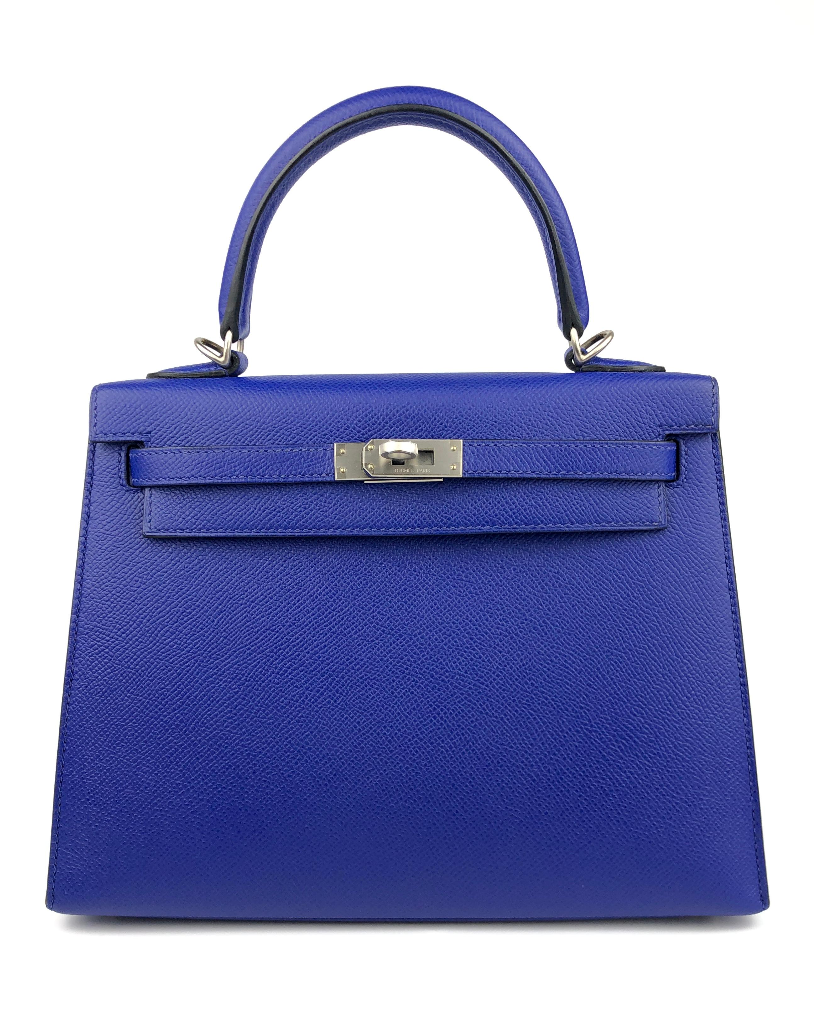 Stunning HSS Special Order 1 of 1 As New  Hermes Kelly 25 Sellier Blue Electric & Gris Mouette Interior Epsom Leather Complimented by Brushed Palladium Hardware. ONLY ONE FOR SALE ON THE MARKET. 
A Stamp 2017.

Shop with Confidence from Lux Addicts.