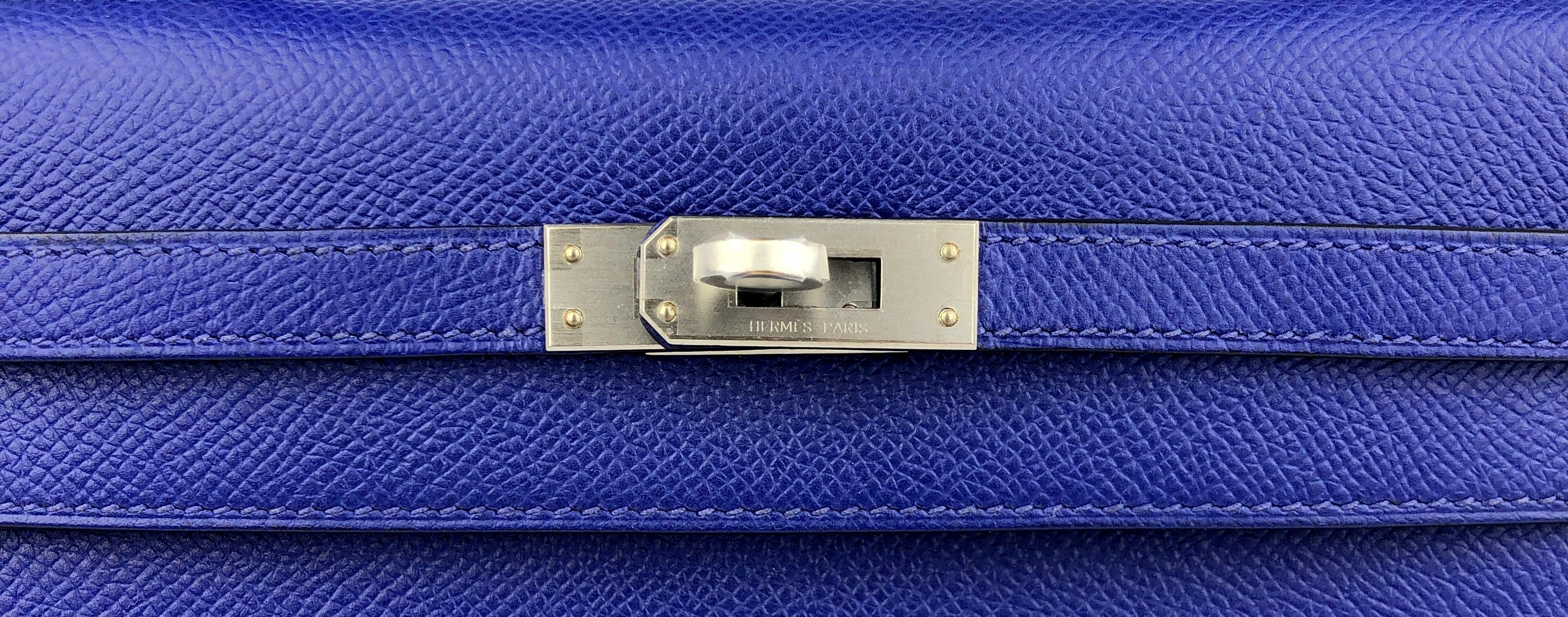 Hermes Kelly 25 Special Order Blue Electric Gray Gris Sellier Brushed Palladium In New Condition In Miami, FL
