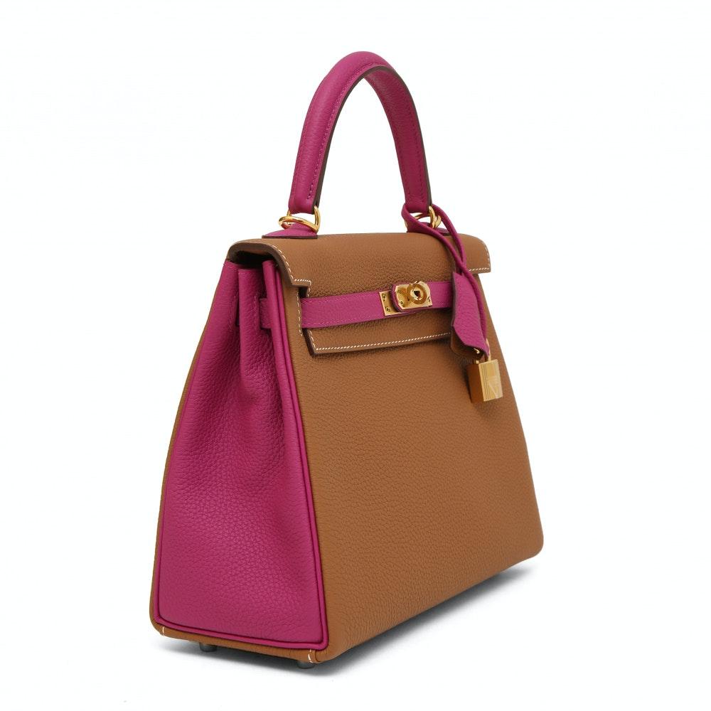 Brown Hermès Kelly 25 special order, camel fucsia leather shoulder / handbag