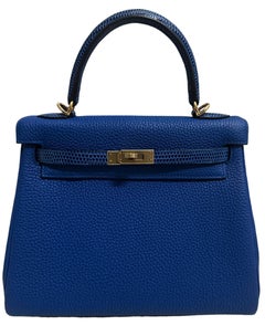 Hermes Kelly 25 Touch Blue France Blue Sapphire Togo Lizard Permabrass Hardware
