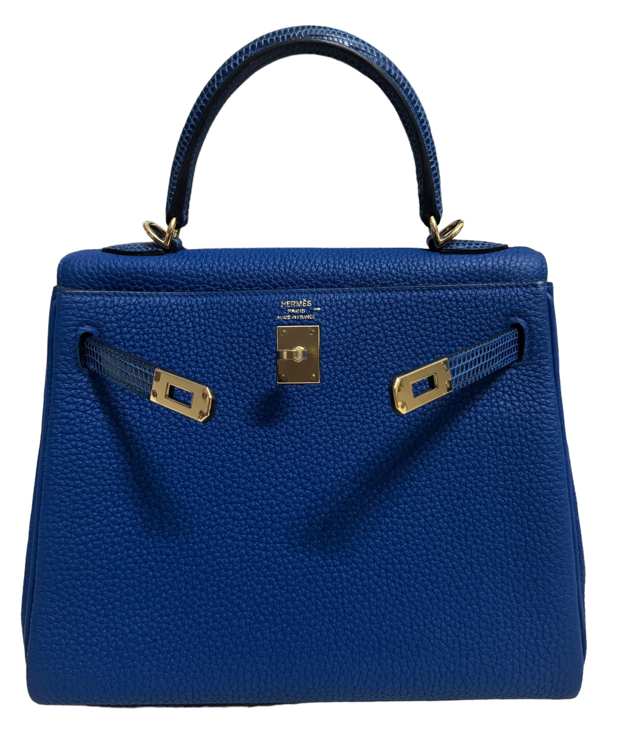 Hermes Kelly 25 Touch Blue France Blue Sapphire Togo Lizard Permabrass Hardware In New Condition In Miami, FL
